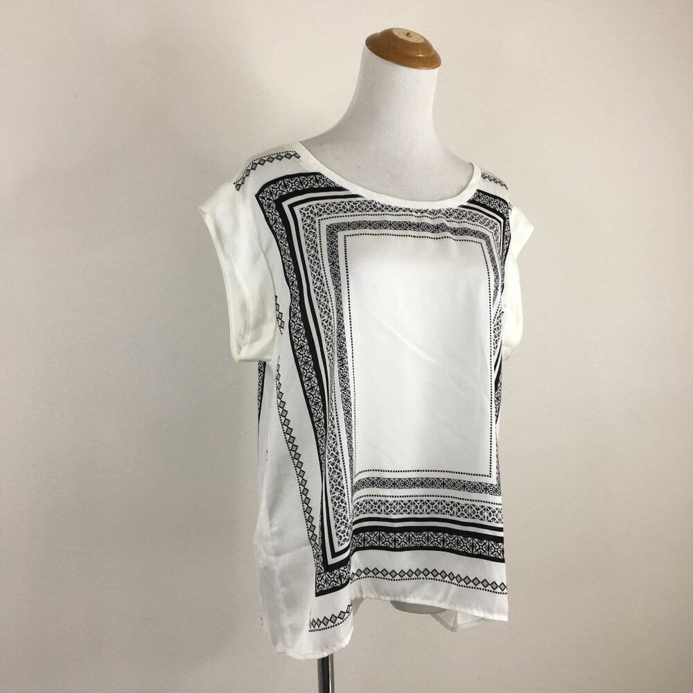 Love MANGO Basic Relaxed Fit White Black Print Cuffed Sleeve Shirt Top